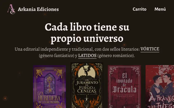 Inicio de arkaniaediciones.com: fondo morado casi negro con brasas, el titular «Cada libro tiene su propio universo», las cubiertas de sus cuatro libros en fila y, debajo, «Un Juramento de Fuego y Cenizas» con su precio, 23,00 € IVA incluido.