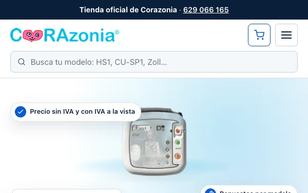 Inicio de corazonia.es: fondo blanco y azul claro, titular «Desfibriladores con el precio claro y una persona al teléfono.» y, a la derecha, un desfibrilador IPAD CU-SP1 con su precio sin IVA y con IVA.