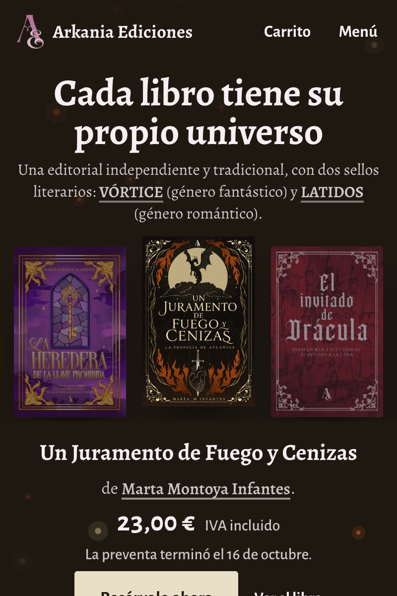 La portada de Arkania Ediciones en móvil: el titular, tres cubiertas en el estante y el libro destacado con su precio y su botón.