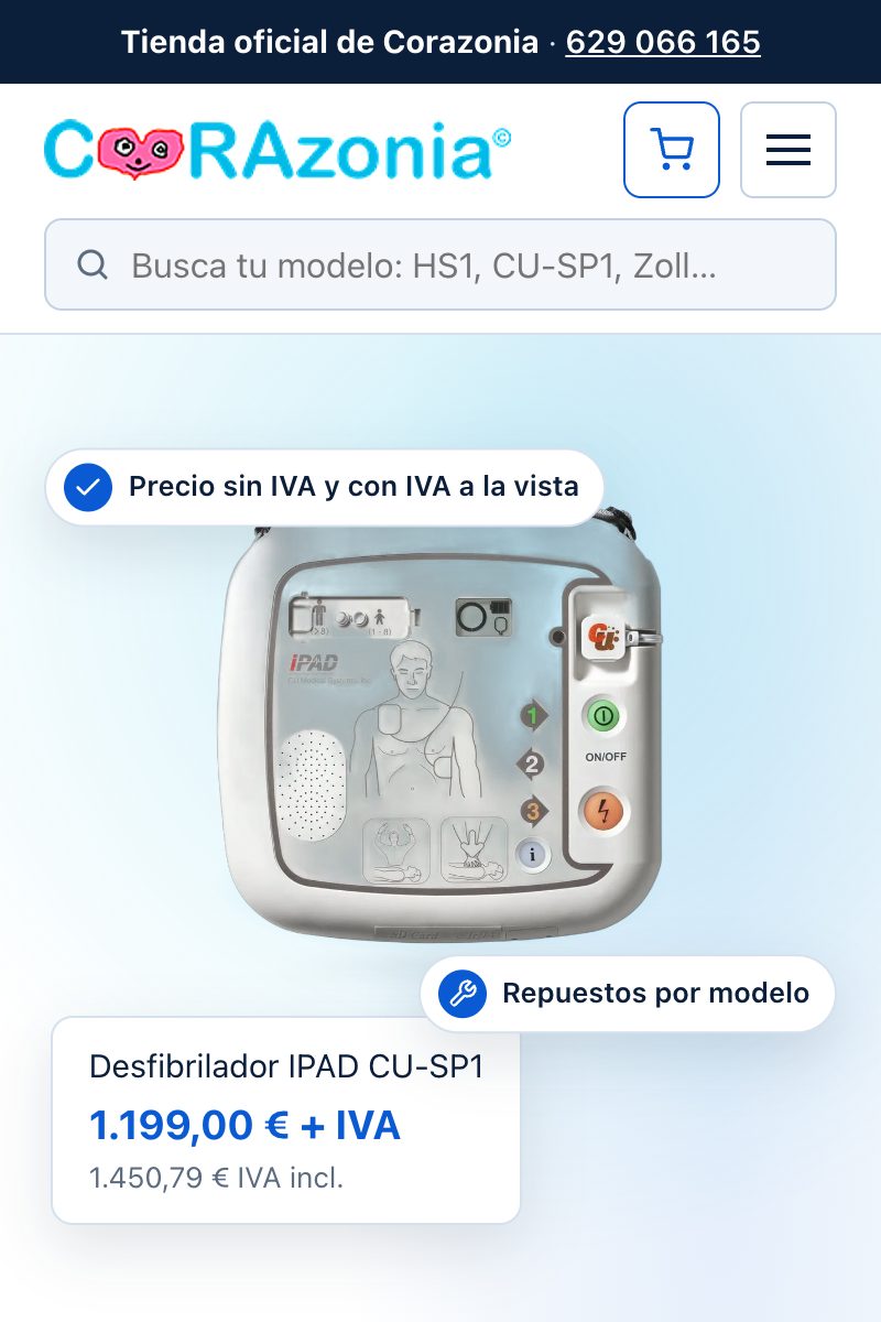 La portada de Corazonia en móvil: buscador de modelo arriba, el desfibrilador con su precio y el titular debajo.