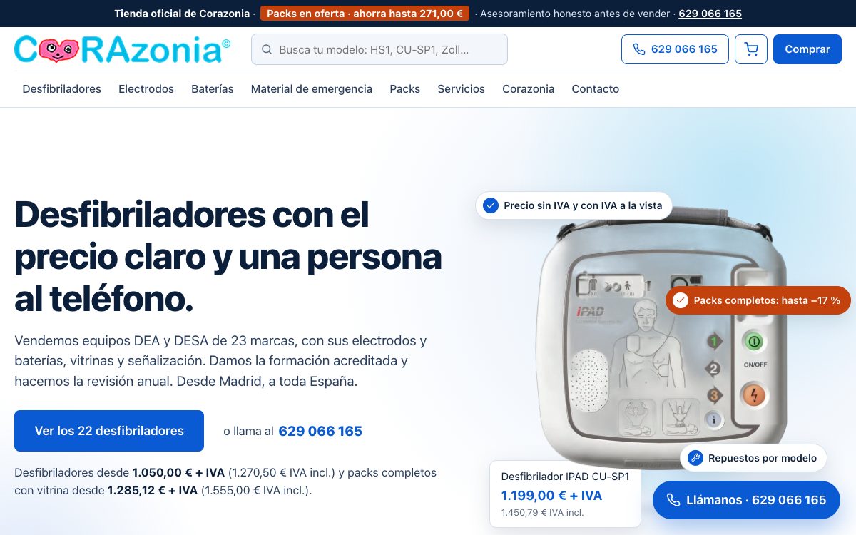 Inicio de corazonia.es: fondo blanco y azul claro, titular «Desfibriladores con el precio claro y una persona al teléfono.» y, a la derecha, un desfibrilador IPAD CU-SP1 con su precio sin IVA y con IVA.