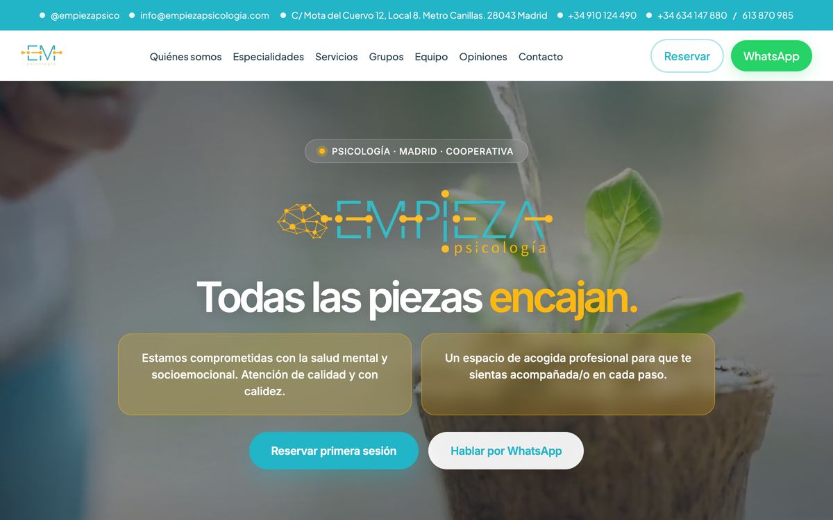 Inicio de empiezapsicologia.com: barra de contacto turquesa, logotipo de EMpieza Psicología y titular «Todas las piezas encajan» sobre una foto de una planta.